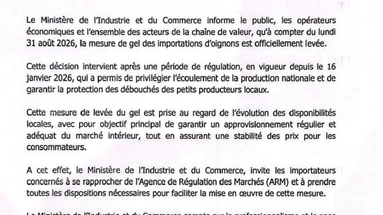 Le Sénégal lève le gel des importations d’oignons